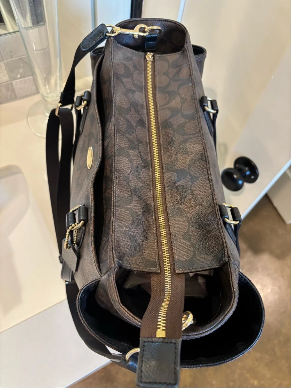 Coach Large Multi-Pocket Tote | Brown Signature Coated Canvas | Gold Hardware